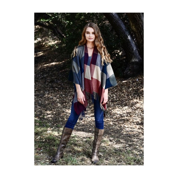 Red Navy Cream Plaid Fall Ruana Poncho Shawl Scarf - Picture 4 of 8